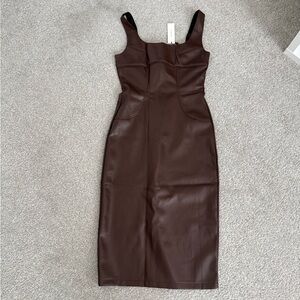 Commense Chocolate Faux Leather Midi Dress